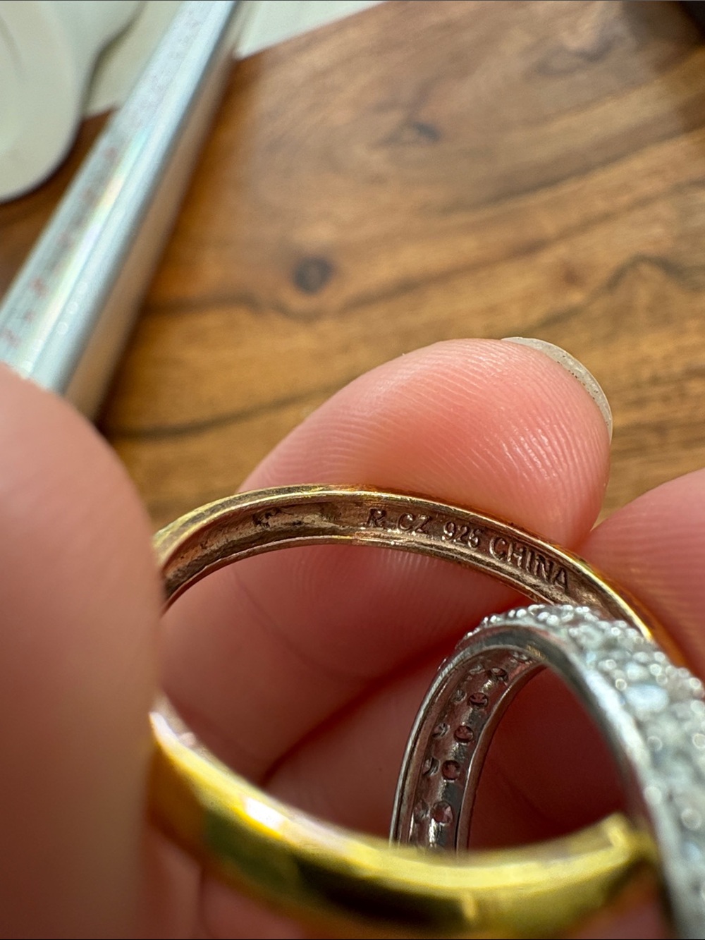 Interlocking Gold and Silver Tone Ring with Pavé Crystals - Size 6.5 - Picture 13 of 13